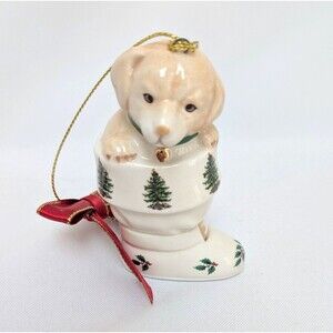 Spode Puppy in Boot Christmas Tree Ornament 3.5″  Holiday Ceramic Puppy in Boot